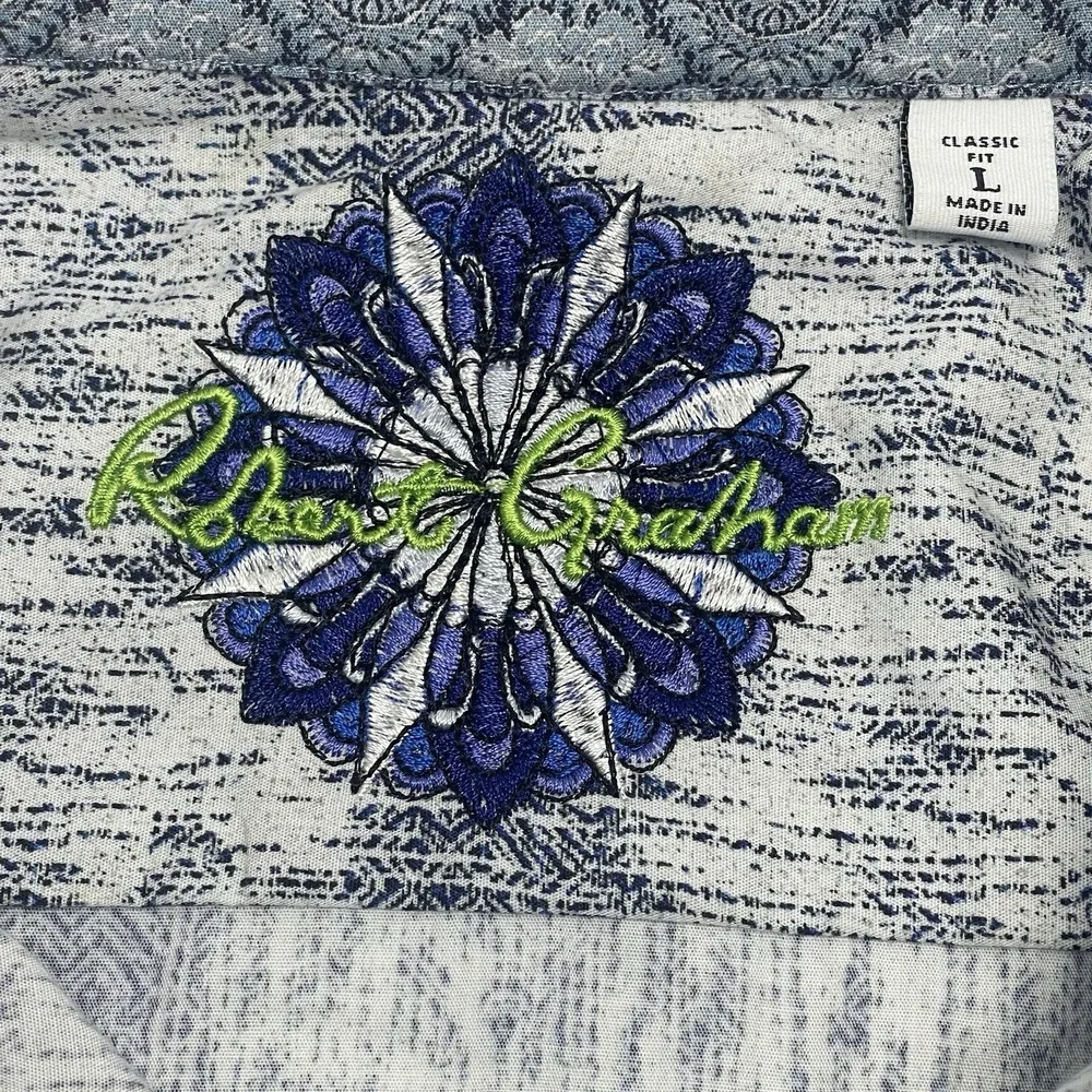 Robert Graham Mens Large Blue White Wave Geometric Short Sleeve Button Up